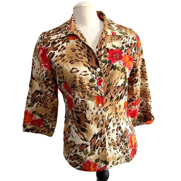 Vintage Silk Land Beaded Floral Button Down Sil Shirt Sz L Cheetah Print & Flora - Picture 1 of 11
